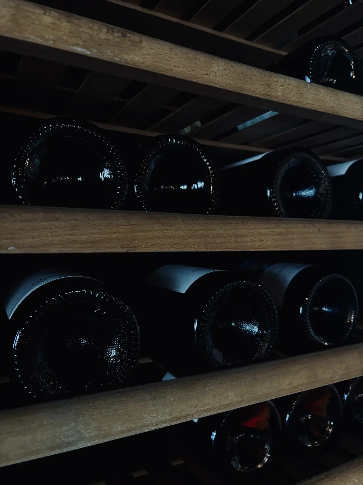 Bottiglie di vino coricate nella cantina del Lido Paina